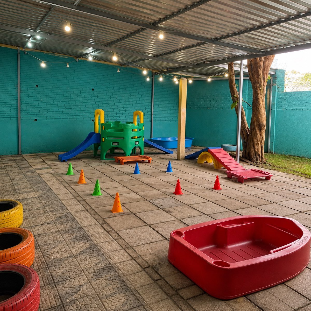 Pátio dos fundos da creche da Thor Pet Spa, coberto, com circuito de cones, rampas, escorregador e piscina